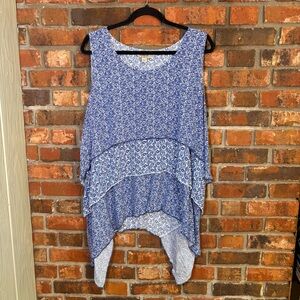 One world womens tired ruffle sharkbite hem sleevless top blue 1X